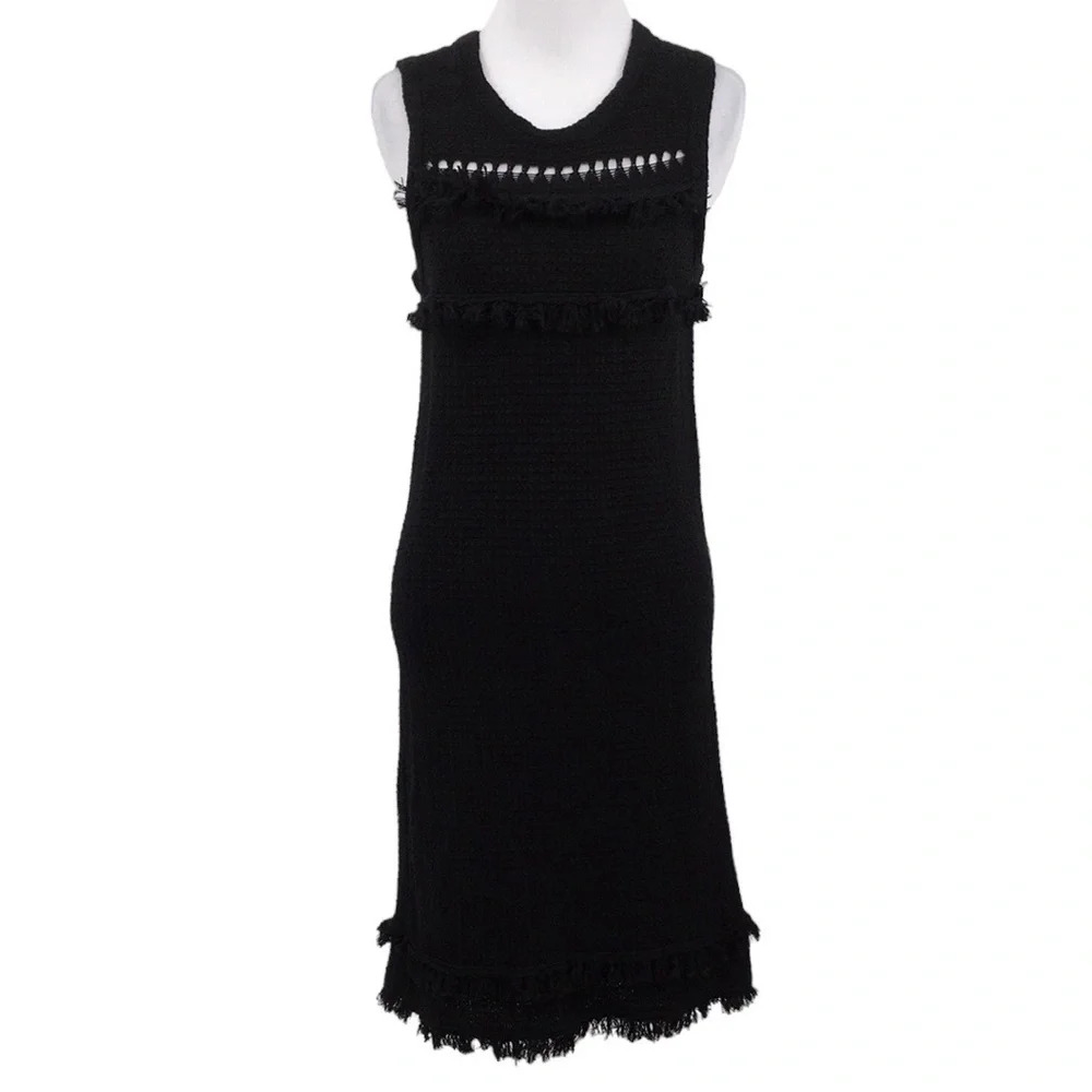 J Crew Sweater Dress Womens Small Black Knit Fringe Cotton Sheath Sleeveless